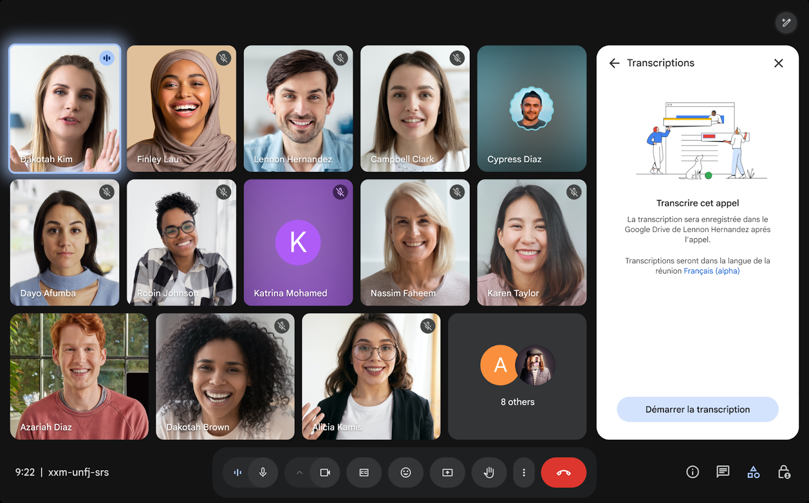 A video call with everyone on screen, and the transcription panel open