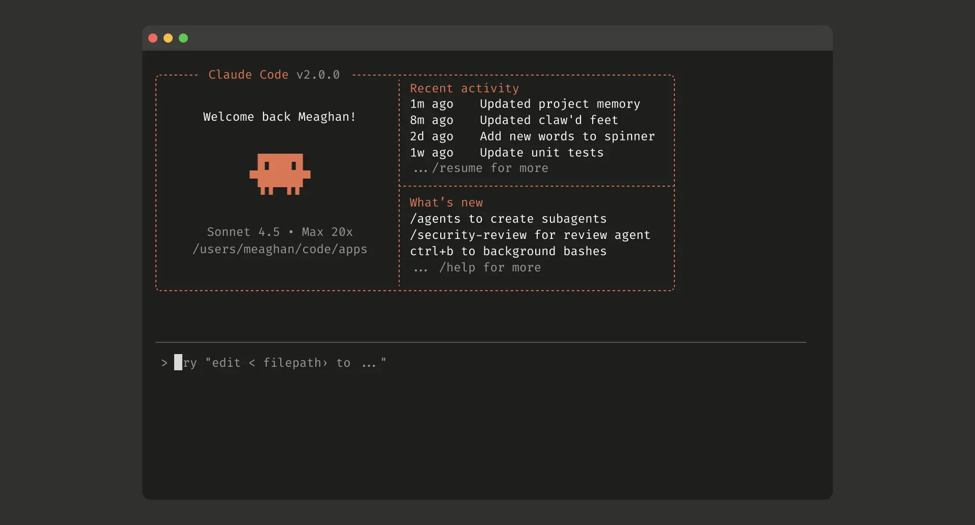 An agent session open in the terminal, showing what it worked on recently